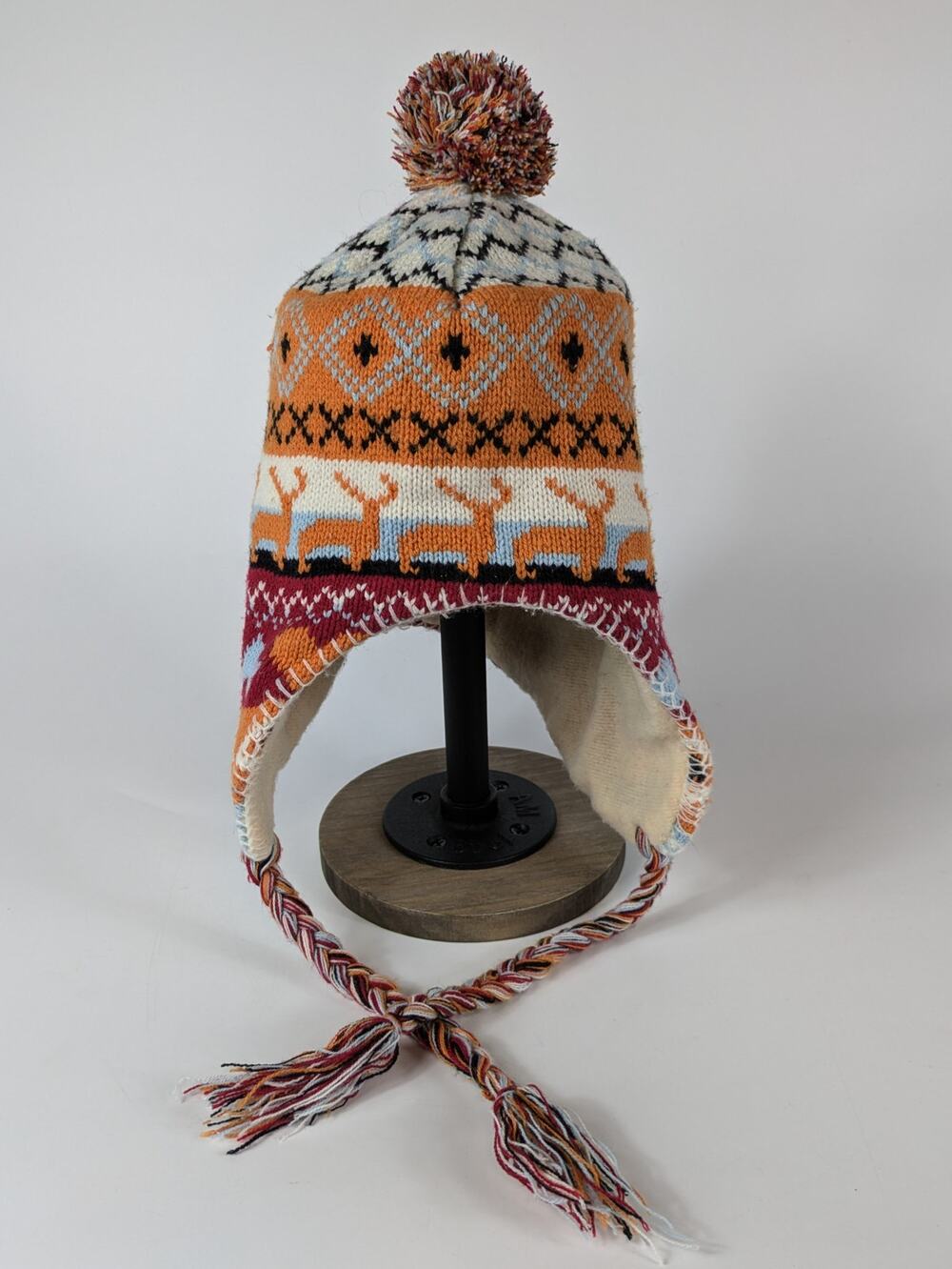 Winter Teen Chullo Hat Sweater Print Reindeer Deer Orange Plaid Red Blue Winter